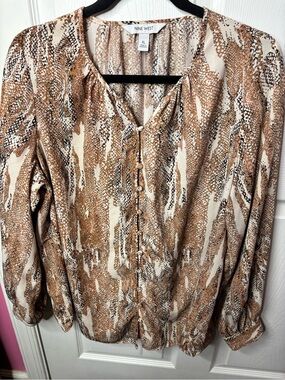 Nine West Brown & Cream Snake-Print Button Front Blouse